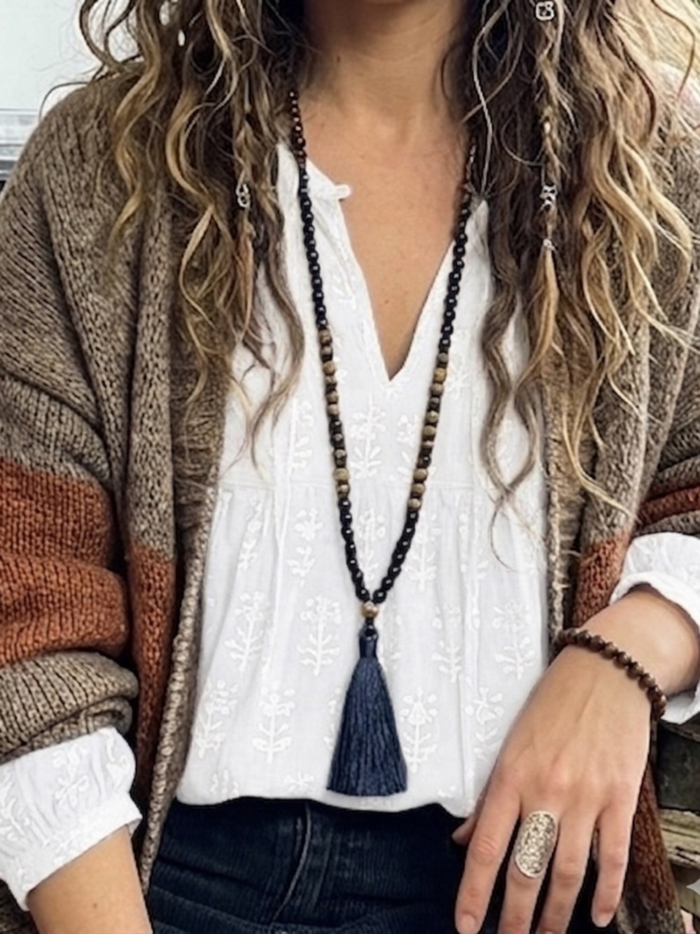 SET!!! Tiger Eye and Black Beaded Boho Tassel Necklace and Bracelet Set